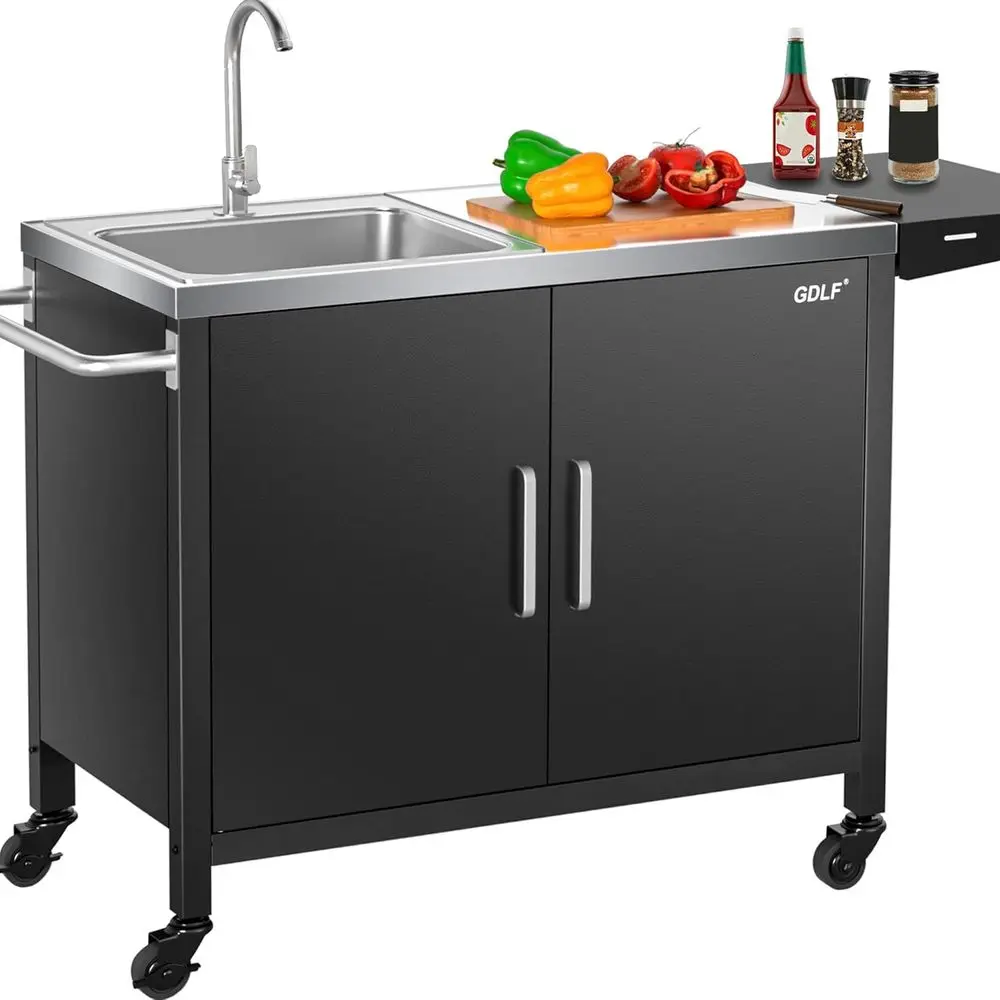 Outdoor Camping Sink - Outdoor-Kücheninsel mit Edelstahlspüle, Metallgrillwagen, L57xB21.65